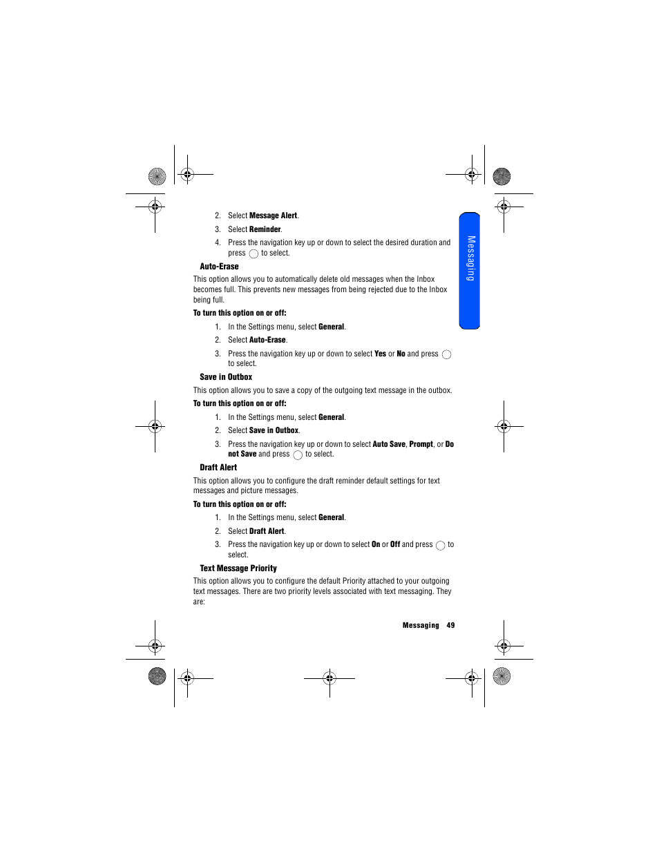 Auto-erase, Save in outbox, Draft alert | Text message priority | Samsung 12172009 User Manual | Page 56 / 117