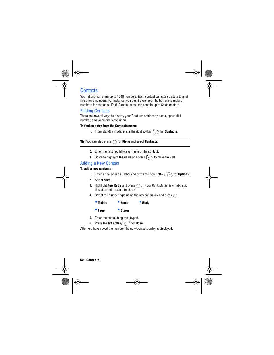 Contacts, Finding contacts, Adding a new contact | Finding contacts adding a new contact | Samsung 12172009 User Manual | Page 59 / 117