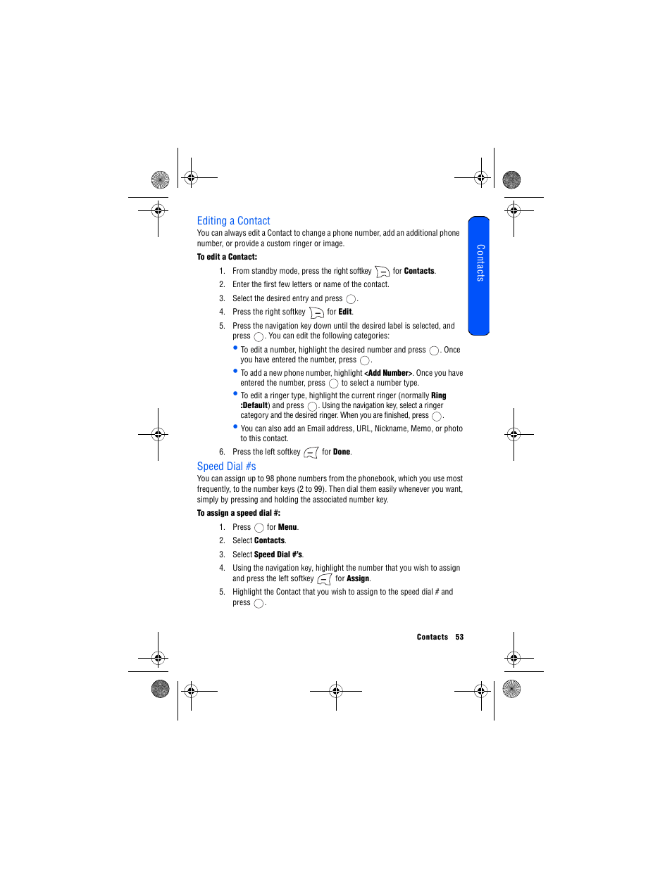 Editing a contact, Speed dial #s, Editing a contact speed dial #s | Samsung 12172009 User Manual | Page 60 / 117