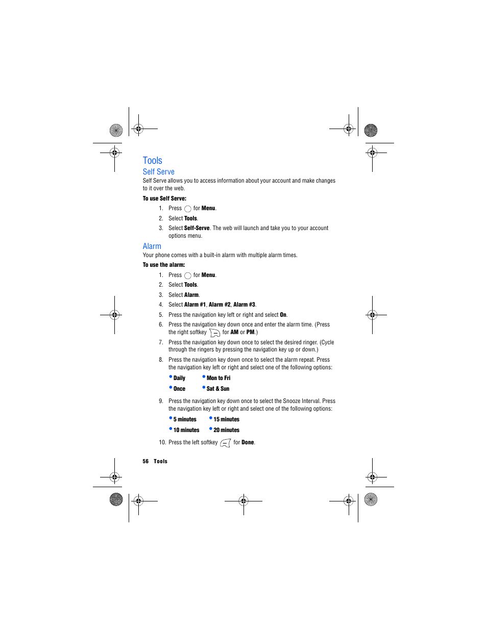 Tools, Self serve, Alarm | Self serve alarm | Samsung 12172009 User Manual | Page 63 / 117