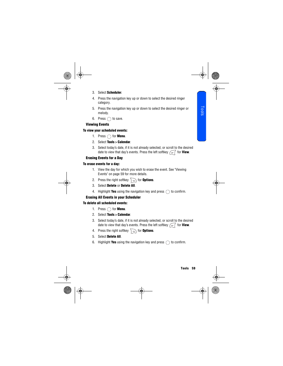 Viewing events, Erasing events for a day, Erasing all events in your scheduler | Samsung 12172009 User Manual | Page 66 / 117