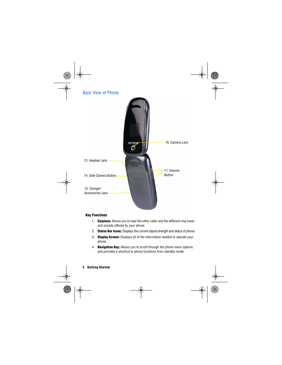 Back view of phone, Key functions | Samsung 12172009 User Manual | Page 9 / 117