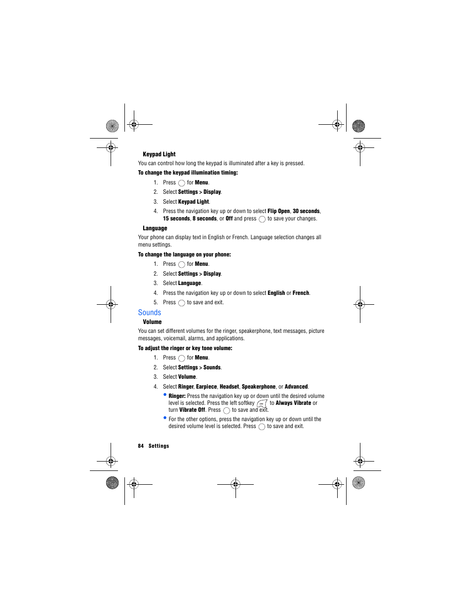 Keypad light, Language, Sounds | Volume | Samsung 12172009 User Manual | Page 91 / 117