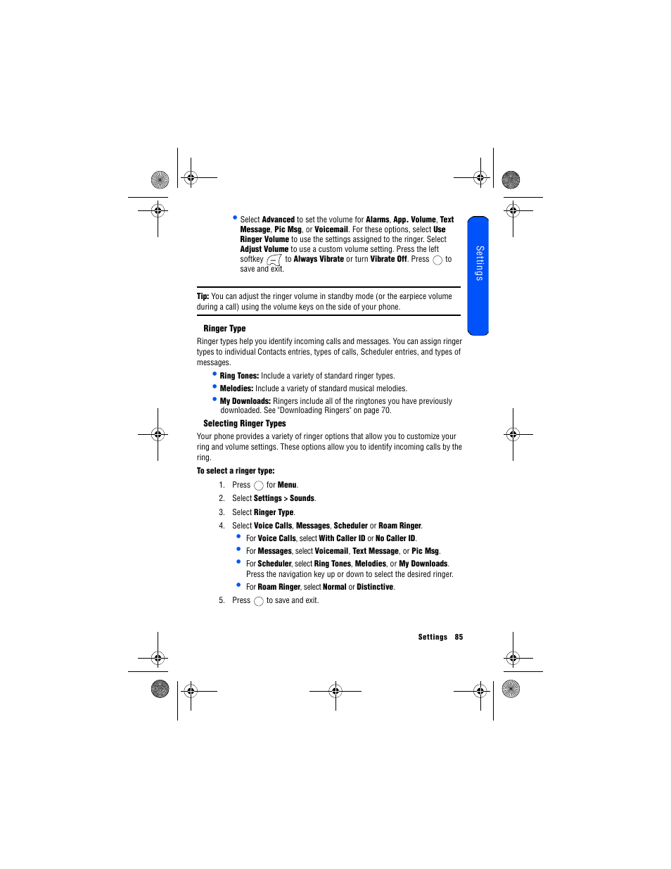 Ringer type, Selecting ringer types | Samsung 12172009 User Manual | Page 92 / 117