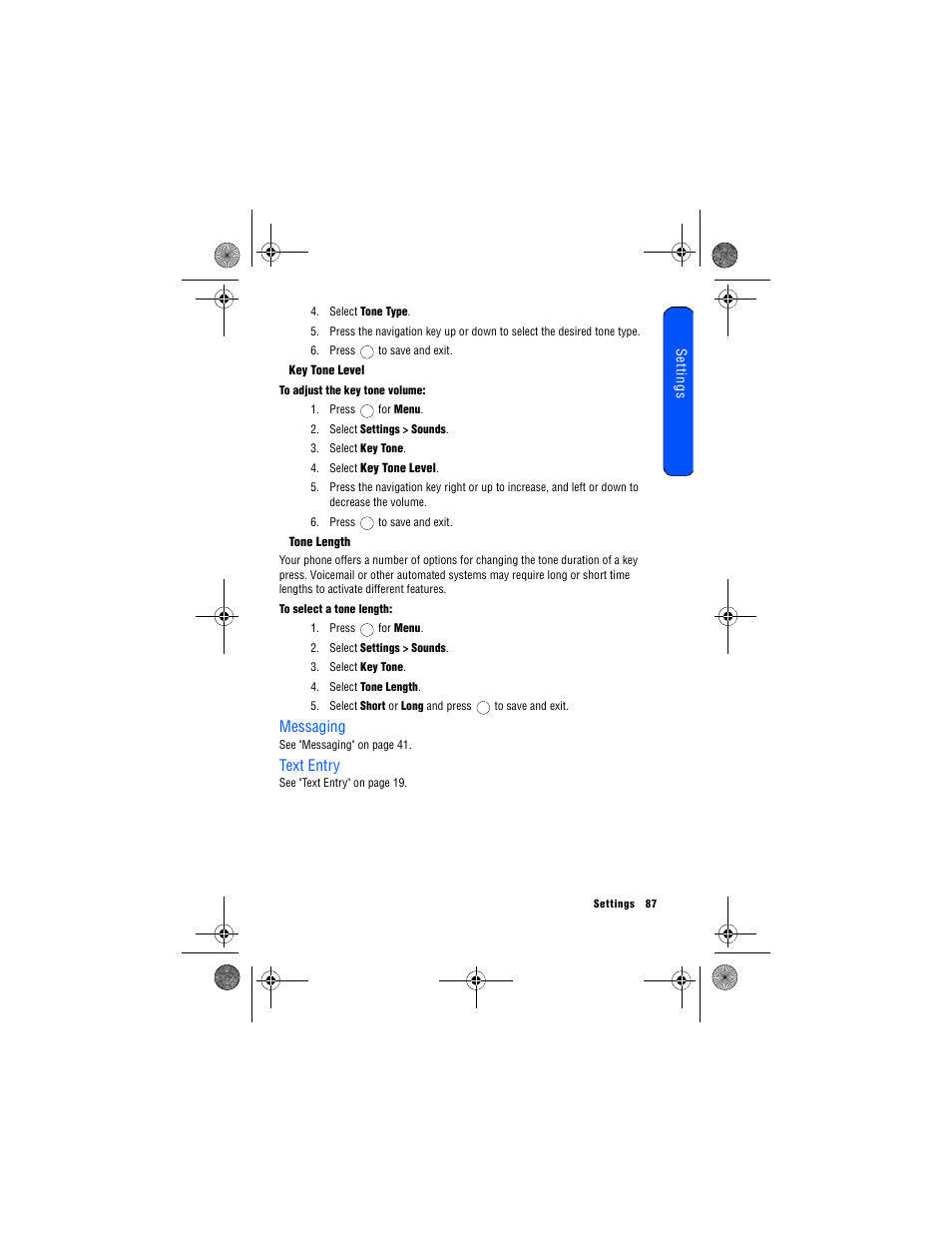 Key tone level, Tone length, Messaging | Text entry, Messaging text entry | Samsung 12172009 User Manual | Page 94 / 117