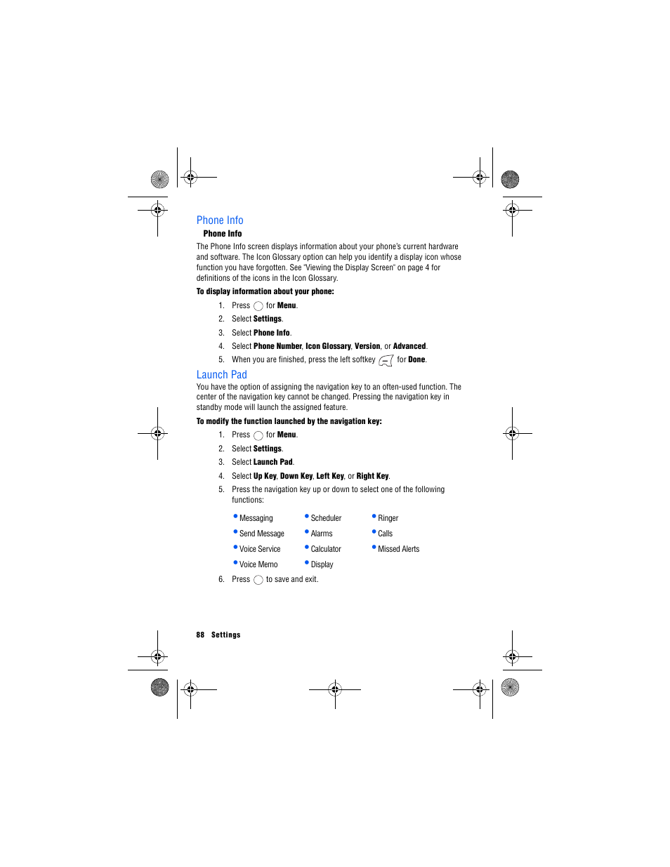 Phone info, Launch pad, Phone info launch pad | Samsung 12172009 User Manual | Page 95 / 117