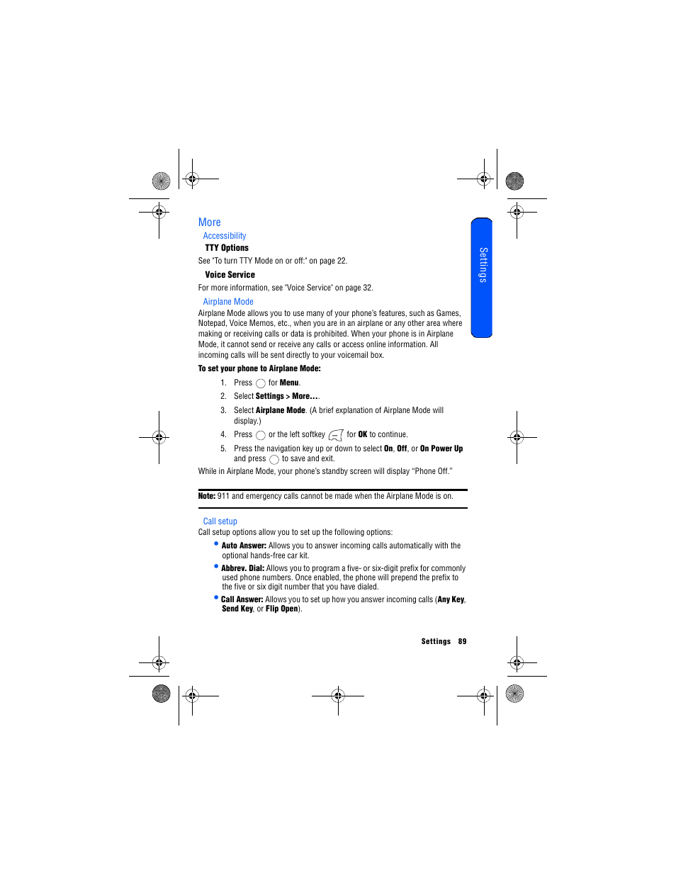 More, Accessibility, Tty options | Voice service, Airplane mode, Call setup | Samsung 12172009 User Manual | Page 96 / 117
