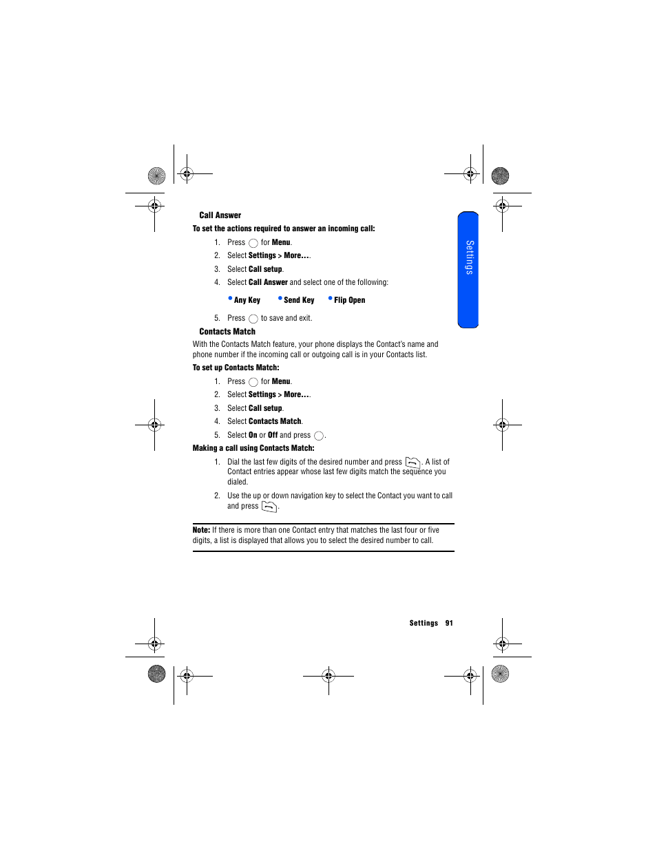 Call answer, Contacts match | Samsung 12172009 User Manual | Page 98 / 117