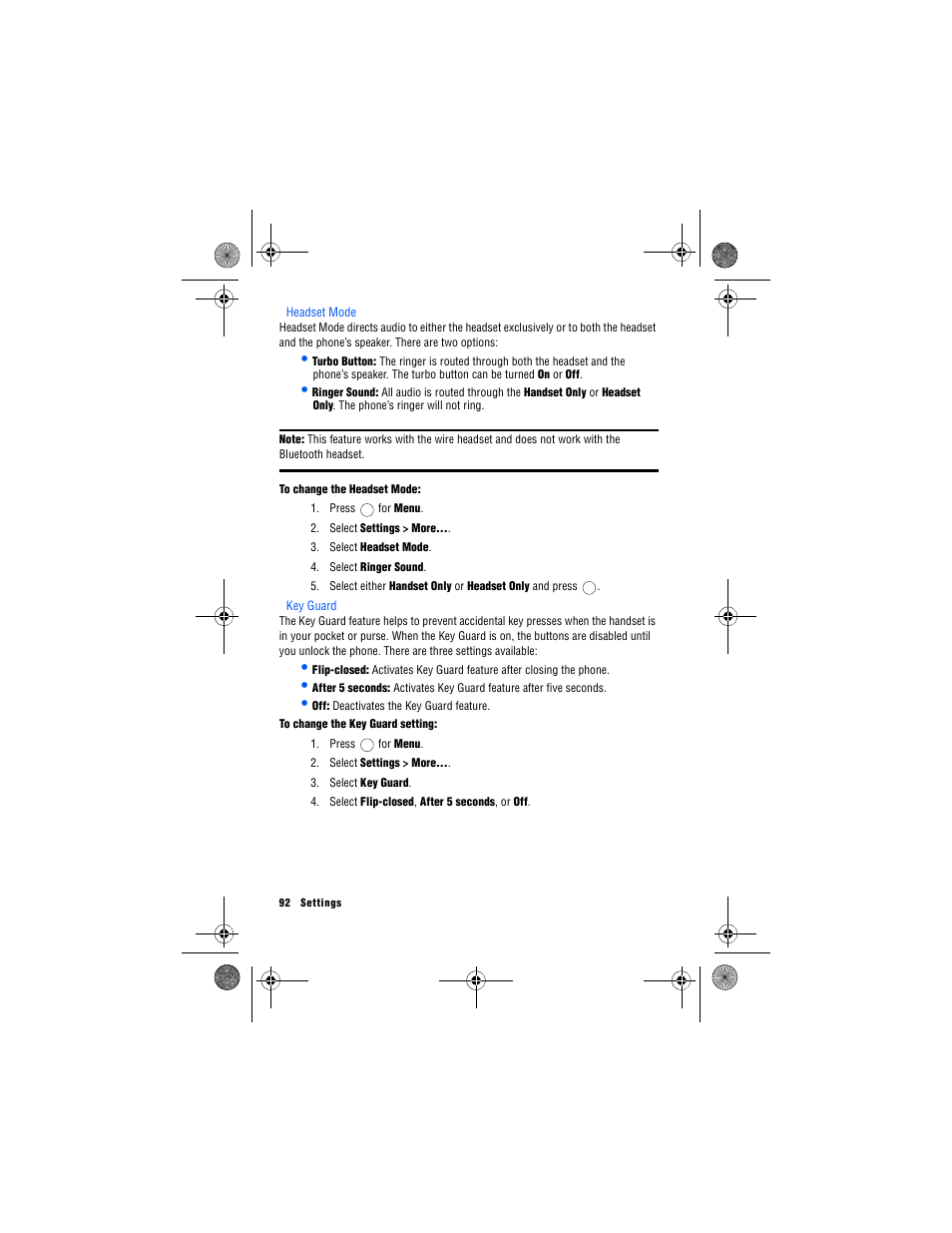 Headset mode, Key guard | Samsung 12172009 User Manual | Page 99 / 117