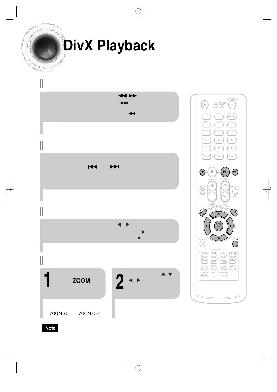 Divx playback 33, Fast playback skip forward/back, Zoom function | 5 minute skip function | Samsung AH68-01720S User Manual | Page 35 / 89