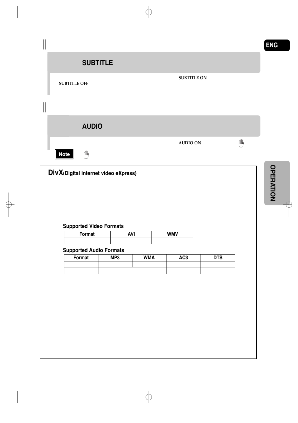 Subtitle display, Audio display, Divx | Press the subtitle button, Press the audio button, Supported formats, Caption function | Samsung AH68-01720S User Manual | Page 36 / 89