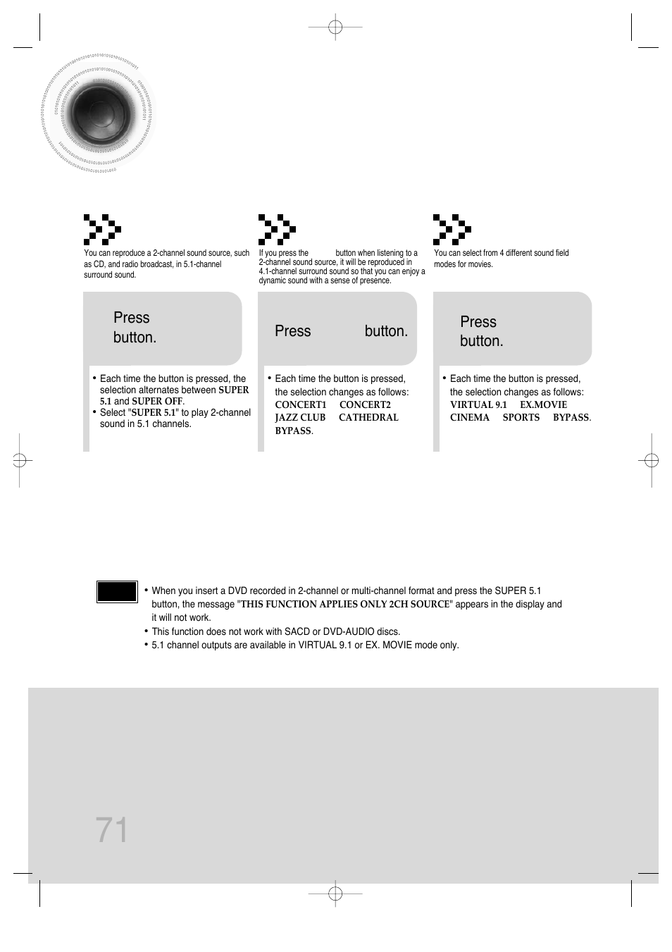 71 live surround mode, Super 5.1, Music | Movie | Samsung AH68-01720S User Manual | Page 73 / 89