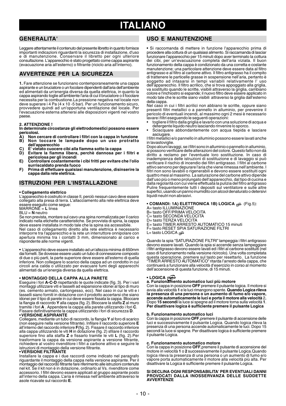 Italiano, 10 - generalita, Avvertenze per la sicurezza | Istruzioni per l'installazione, Uso e manutenzione | Ardo PN90inox User Manual | Page 10 / 20