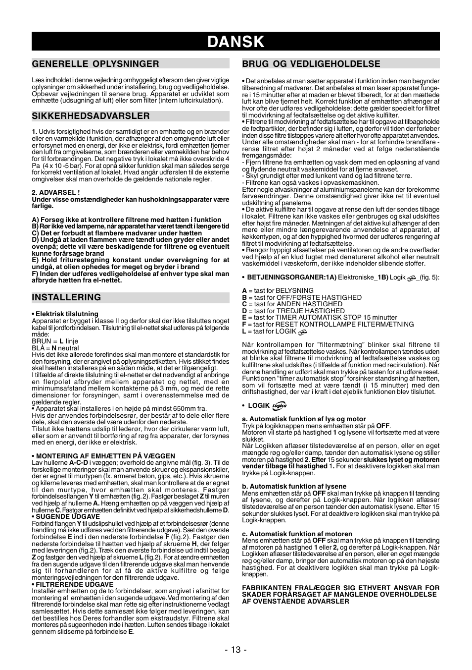 Dansk | Ardo PN90inox User Manual | Page 13 / 20