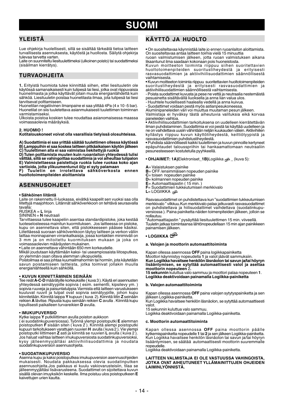 Suomi | Ardo PN90inox User Manual | Page 14 / 20