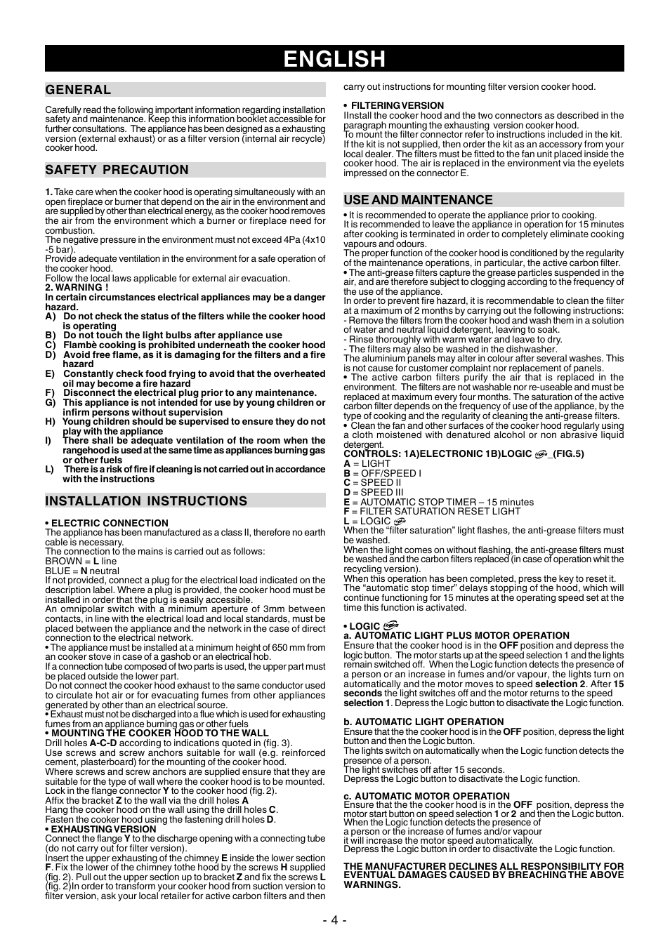 English, Use and maintenance, General | Safety precaution, Installation instructions | Ardo PN90inox User Manual | Page 4 / 20