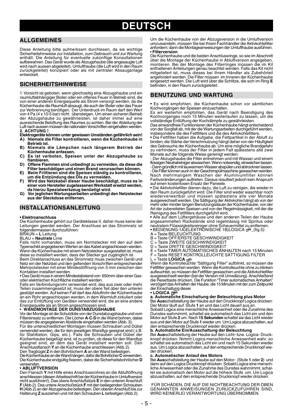 Deutsch, 5 - allgemeines, Sicherheitshinweise | Installationsanleitung, Benutzung und wartung | Ardo PN90inox User Manual | Page 5 / 20