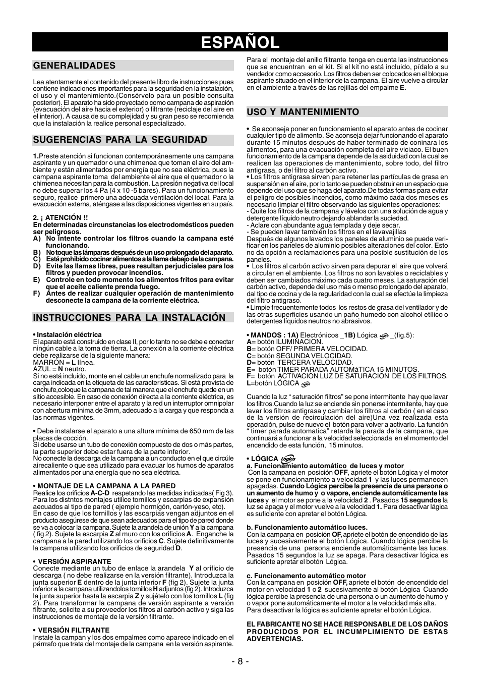 Español, Uso y mantenimiento, Generalidades | Sugerencias para la seguridad, Instrucciones para la instalación | Ardo PN90inox User Manual | Page 8 / 20