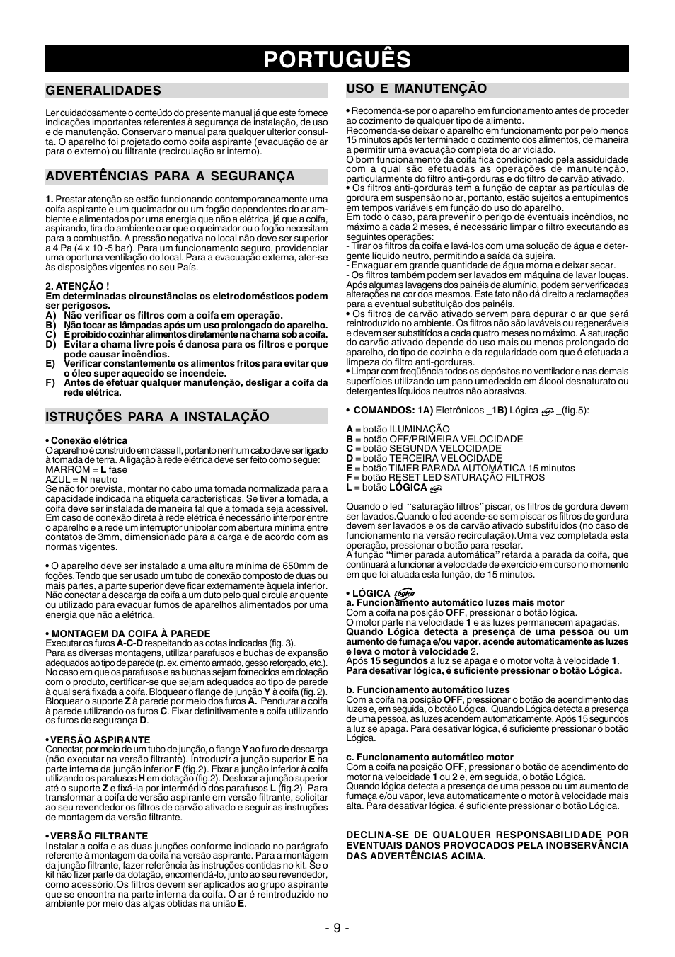 Português, 9 - generalidades, Advertências para a segurança | Istruções para a instalação, Uso e manutenção | Ardo PN90inox User Manual | Page 9 / 20