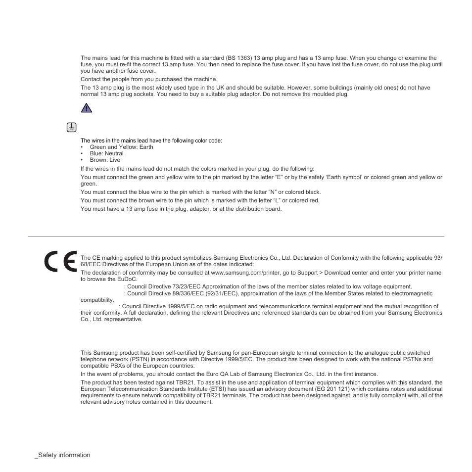 Replacing the fitted plug (for uk only), Declaration of conformity (european countries) | Samsung CLP-310W User Manual | Page 10 / 107