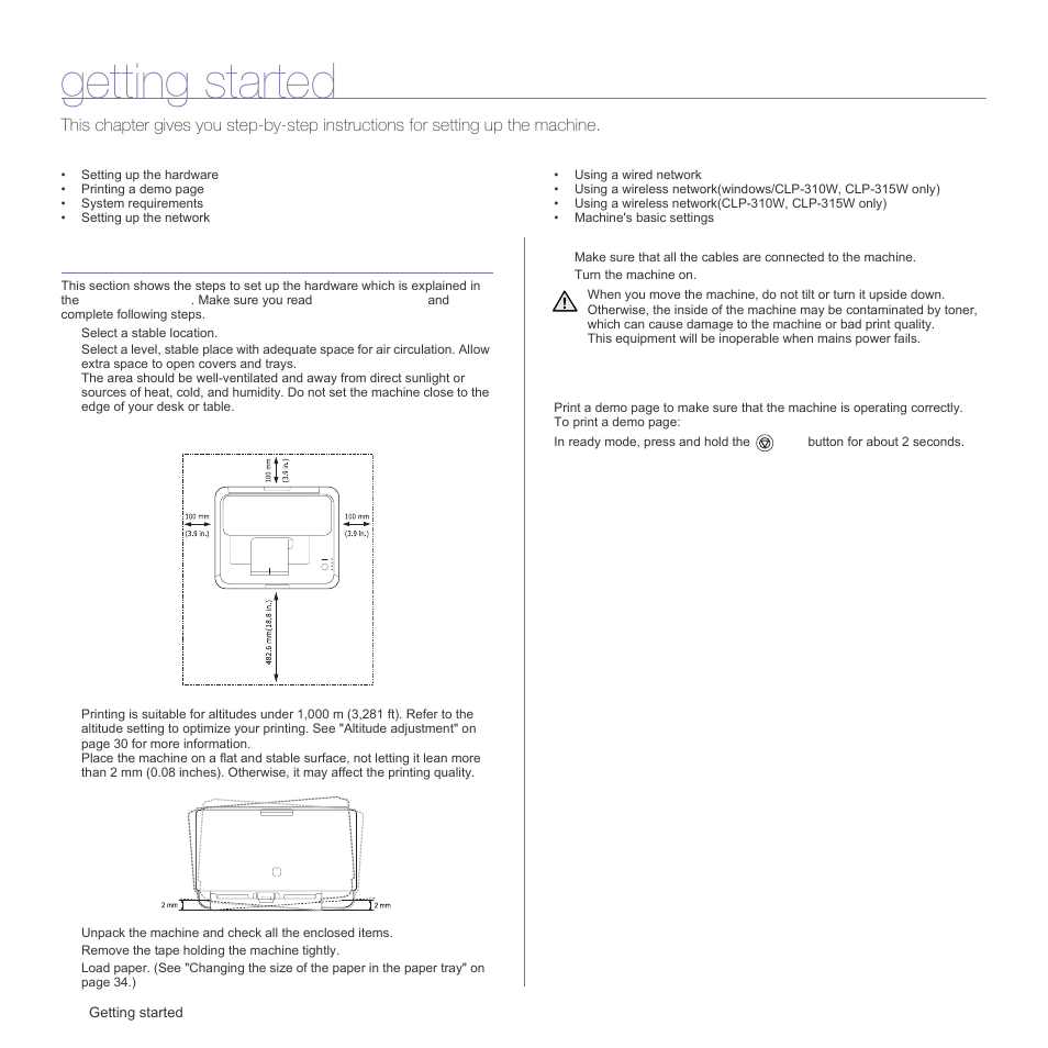 Getting started, Setting up the hardware, Printing a demo page | Samsung CLP-310W User Manual | Page 20 / 107