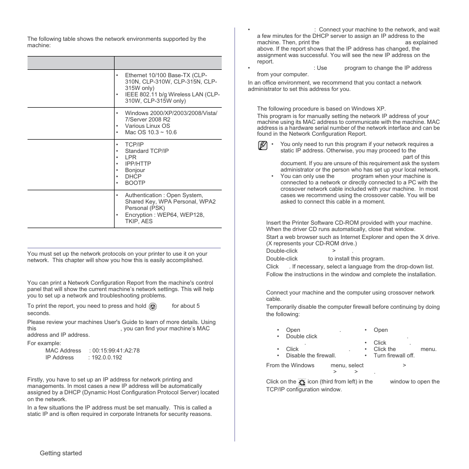 Supported operation environments, Using a wired network, Printing configuration report | Setting ip address | Samsung CLP-310W User Manual | Page 22 / 107