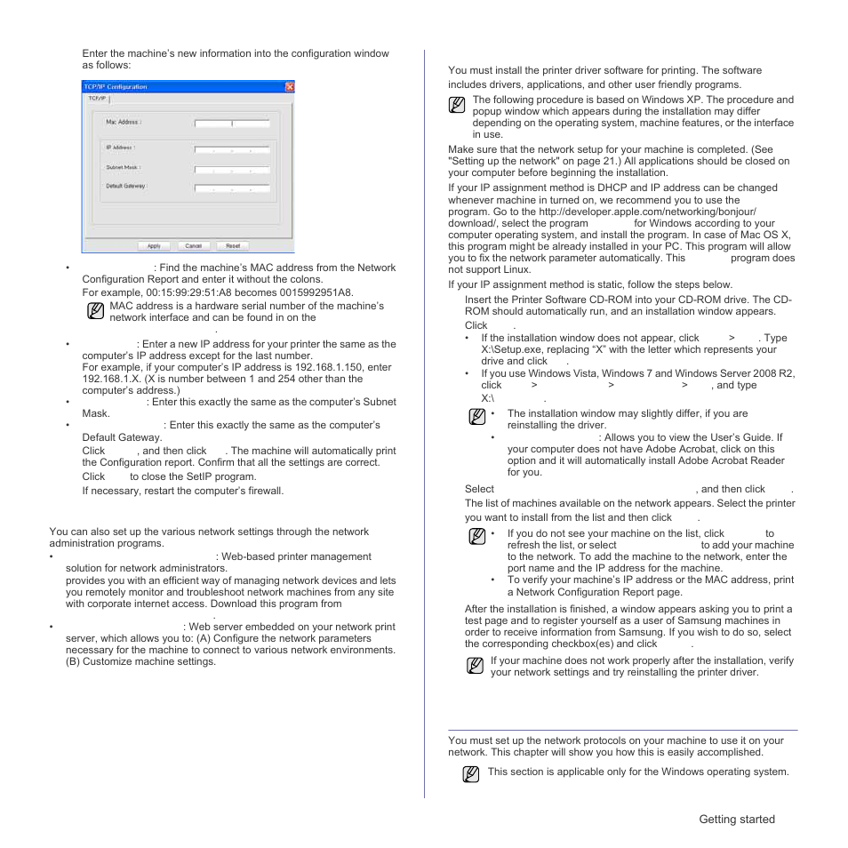 Network parameter setting, Installing the driver software | Samsung CLP-310W User Manual | Page 23 / 107