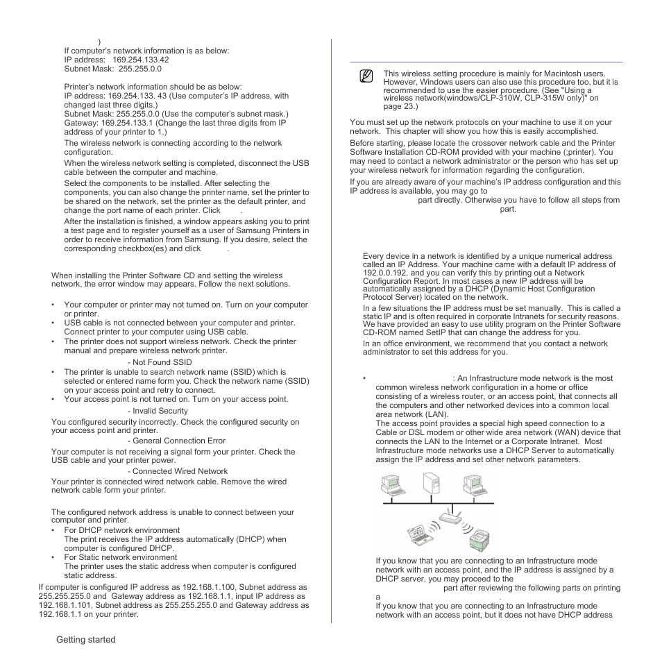 Using a wireless network(clp-310w, clp- 315w only), Checking your network environments, Using a wireless network(clp-310w, clp-315w only) | Samsung CLP-310W User Manual | Page 26 / 107