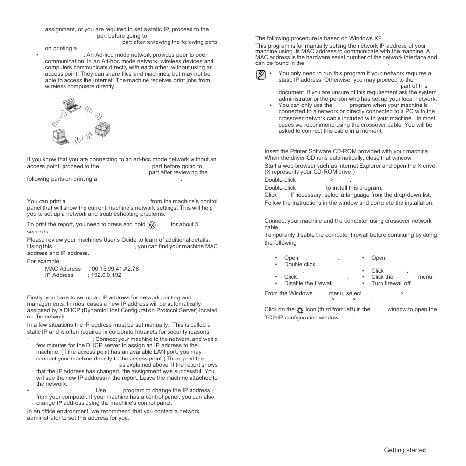 Printing configuration report, Setting ip address | Samsung CLP-310W User Manual | Page 27 / 107