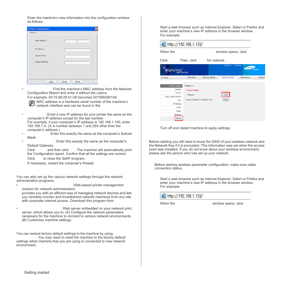 Network parameter setting, Restoring factory default settings, Configuring the machine’s wireless network | Samsung CLP-310W User Manual | Page 28 / 107