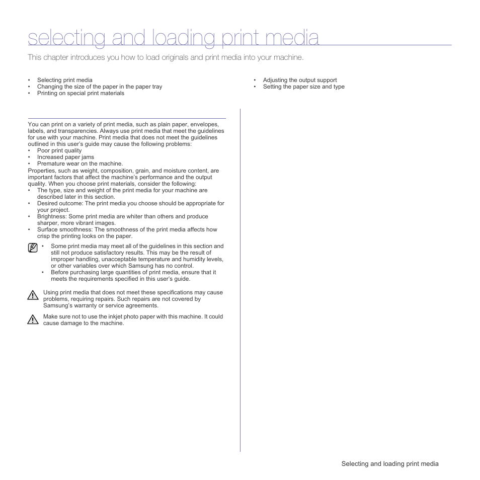 Selecting and loading print media, Selecting print media | Samsung CLP-310W User Manual | Page 31 / 107