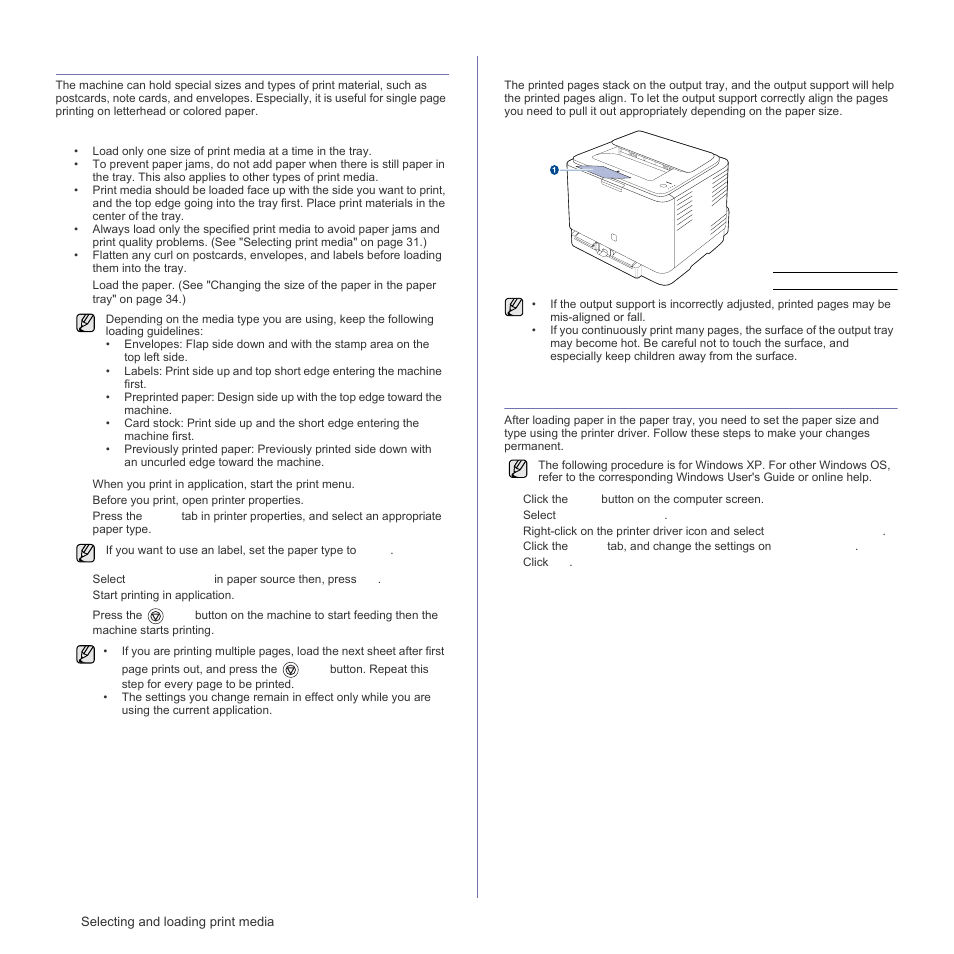 Printing on special print materials, Adjusting the output support, Setting the paper size and type | Samsung CLP-310W User Manual | Page 36 / 107