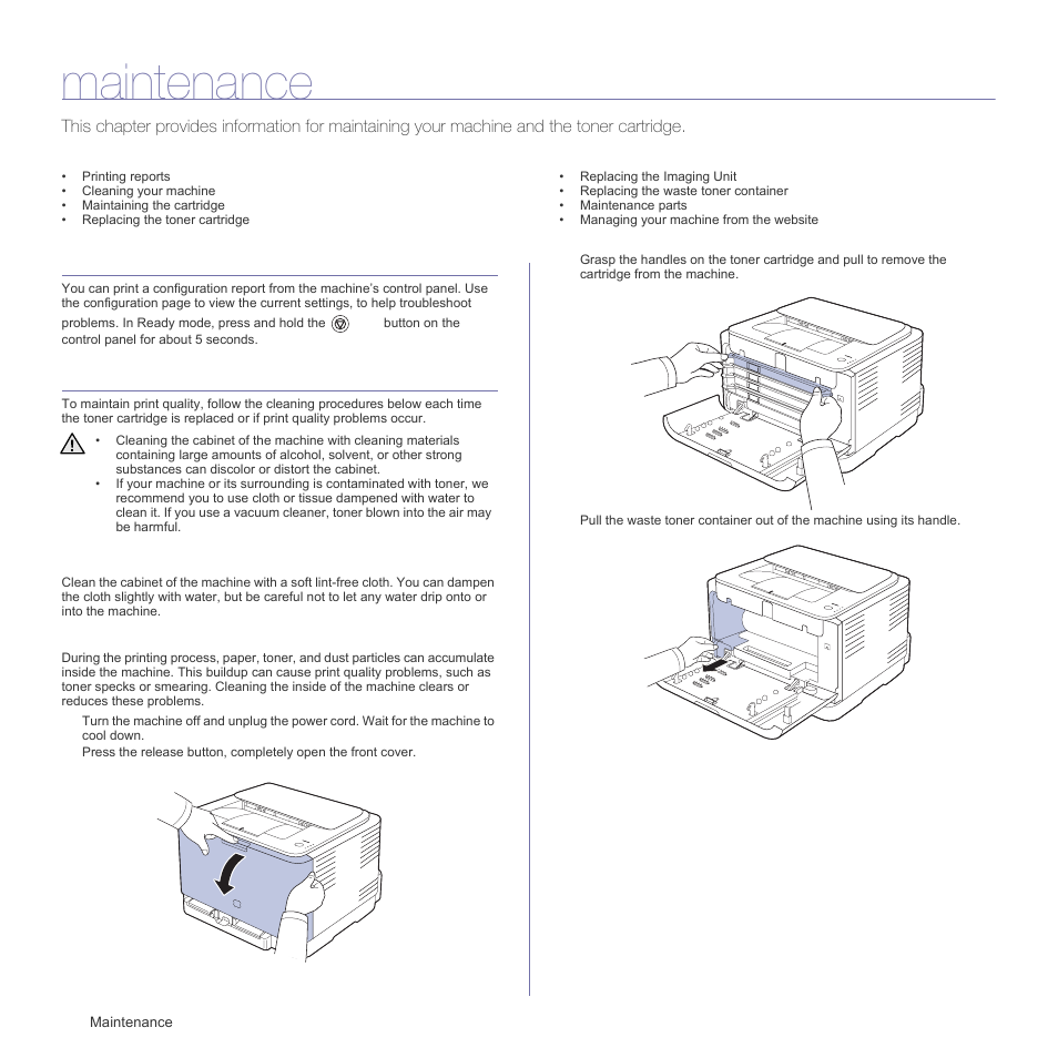 Maintenance, Printing reports, Cleaning your machine | Cleaning the outside, Cleaning the inside | Samsung CLP-310W User Manual | Page 38 / 107