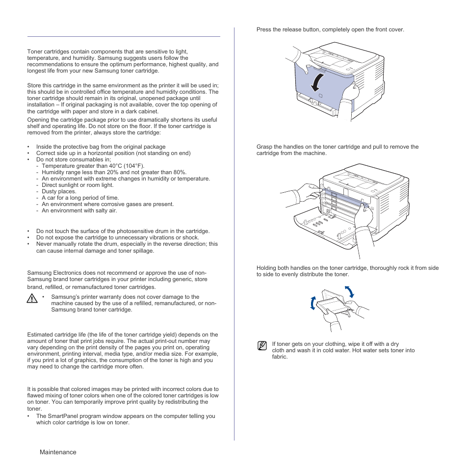 Maintaining the cartridge, Toner cartridge storage, Handling instructions | Use of non-samsung and refilled toner cartridge, Estimated cartridge life, Redistributing toner | Samsung CLP-310W User Manual | Page 40 / 107