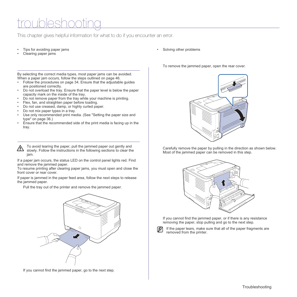 Troubleshooting, Tips for avoiding paper jams, Clearing paper jams | Samsung CLP-310W User Manual | Page 46 / 107