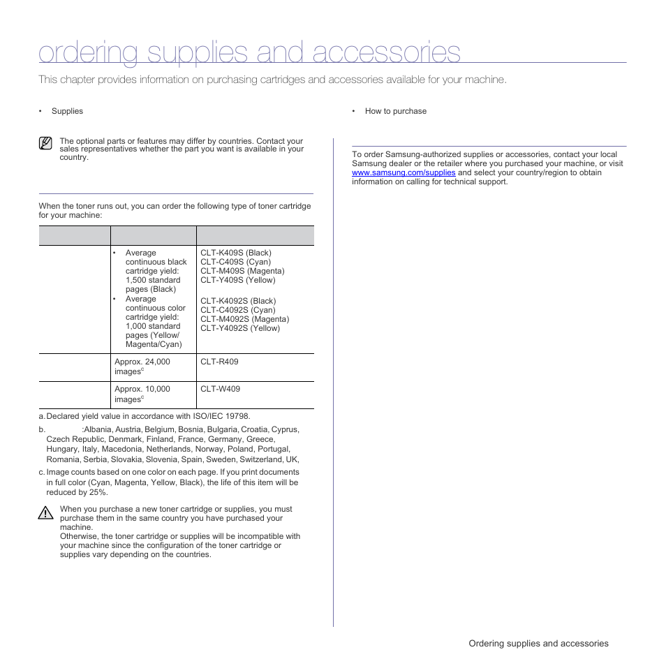 Ordering supplies and accessories, Supplies, How to purchase | Samsung CLP-310W User Manual | Page 54 / 107