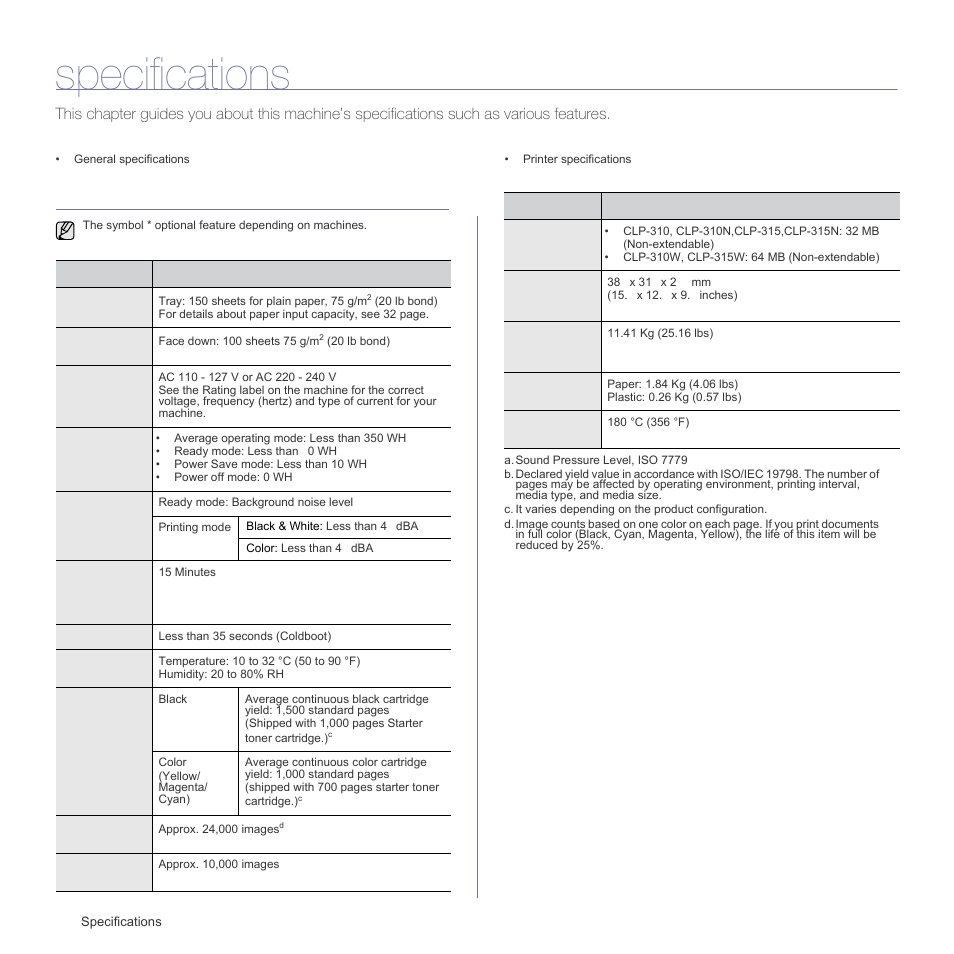 Specifications, General specifications | Samsung CLP-310W User Manual | Page 55 / 107