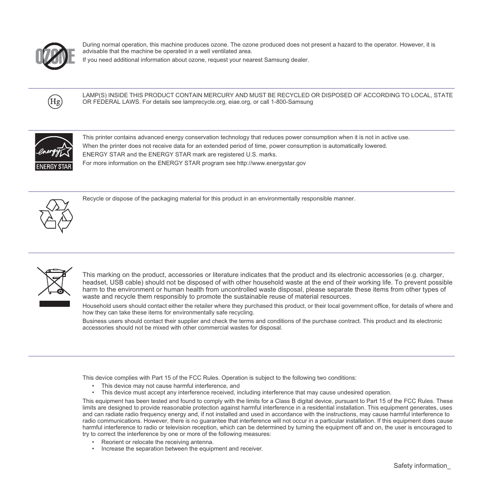 Ozone safety, Mercury safety, Power saver | Recycling, Radio frequency emissions | Samsung CLP-310W User Manual | Page 7 / 107