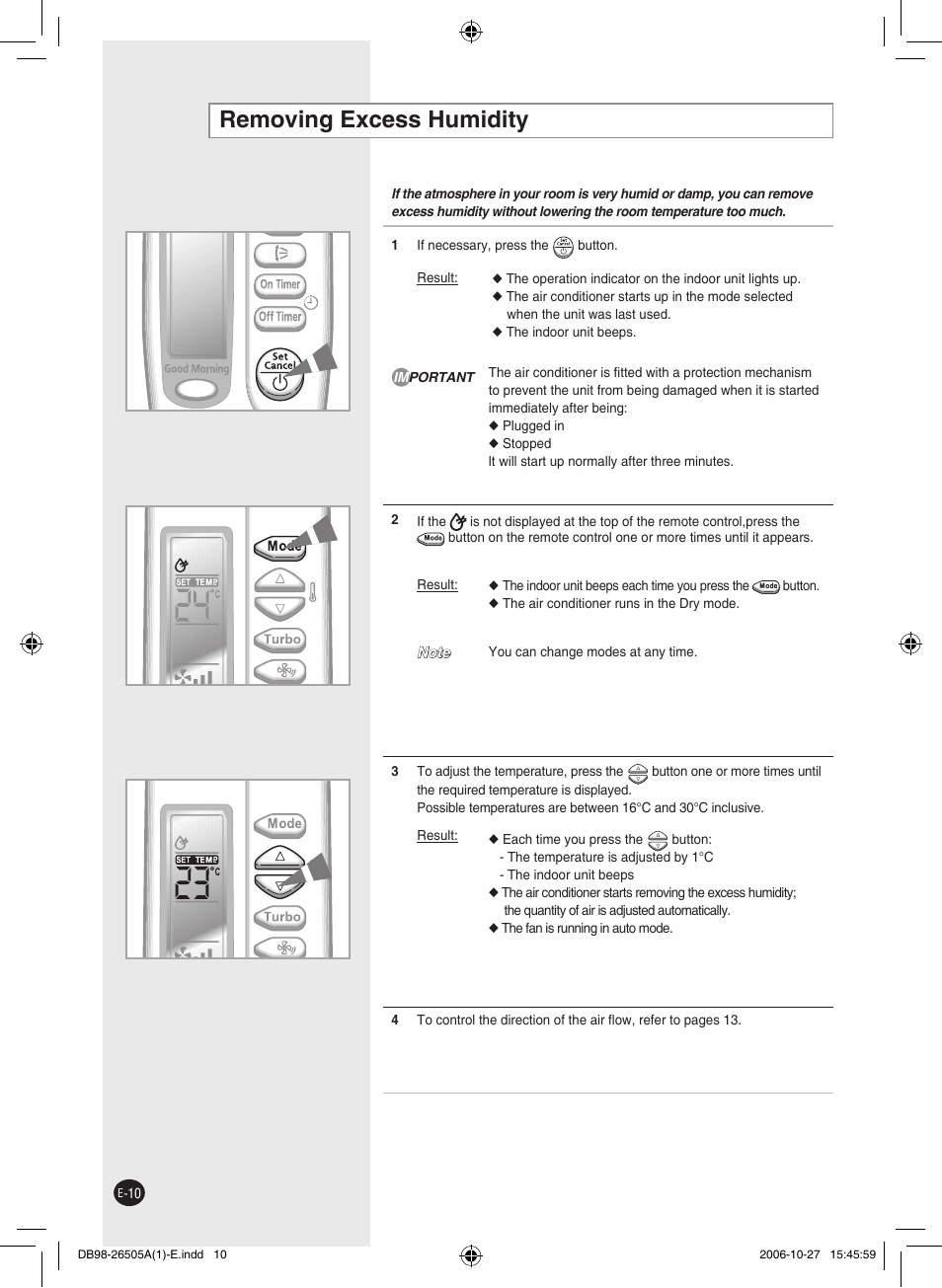 Removing excess humidity | Samsung AS18J User Manual | Page 10 / 20