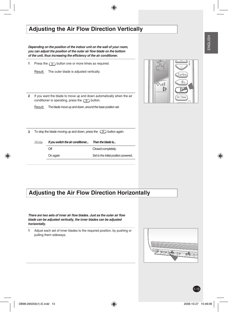 Adjusting the air flow direction vertically, Adjusting the air flow direction horizontally | Samsung AS18J User Manual | Page 13 / 20