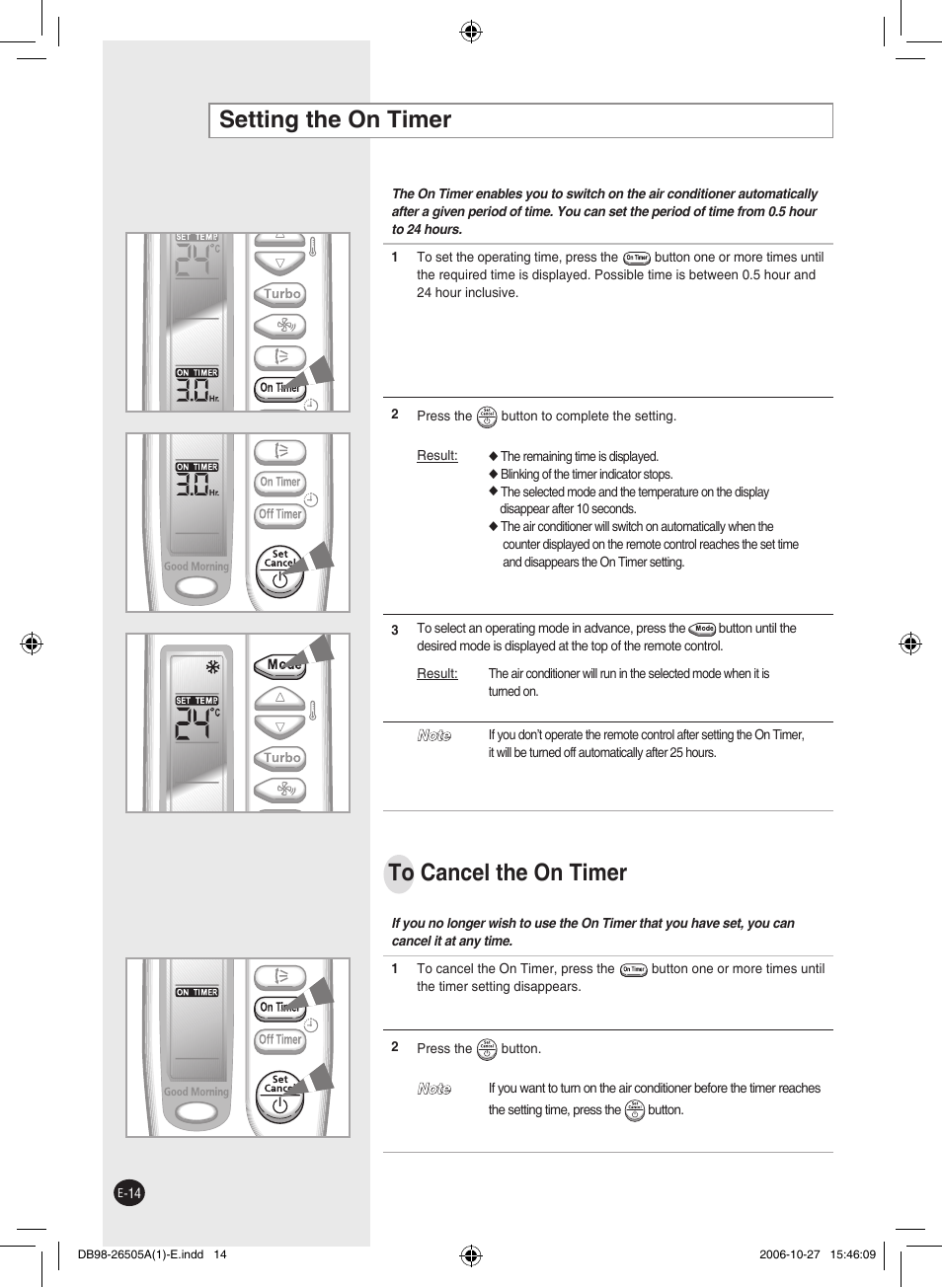 Setting the on timer | Samsung AS18J User Manual | Page 14 / 20