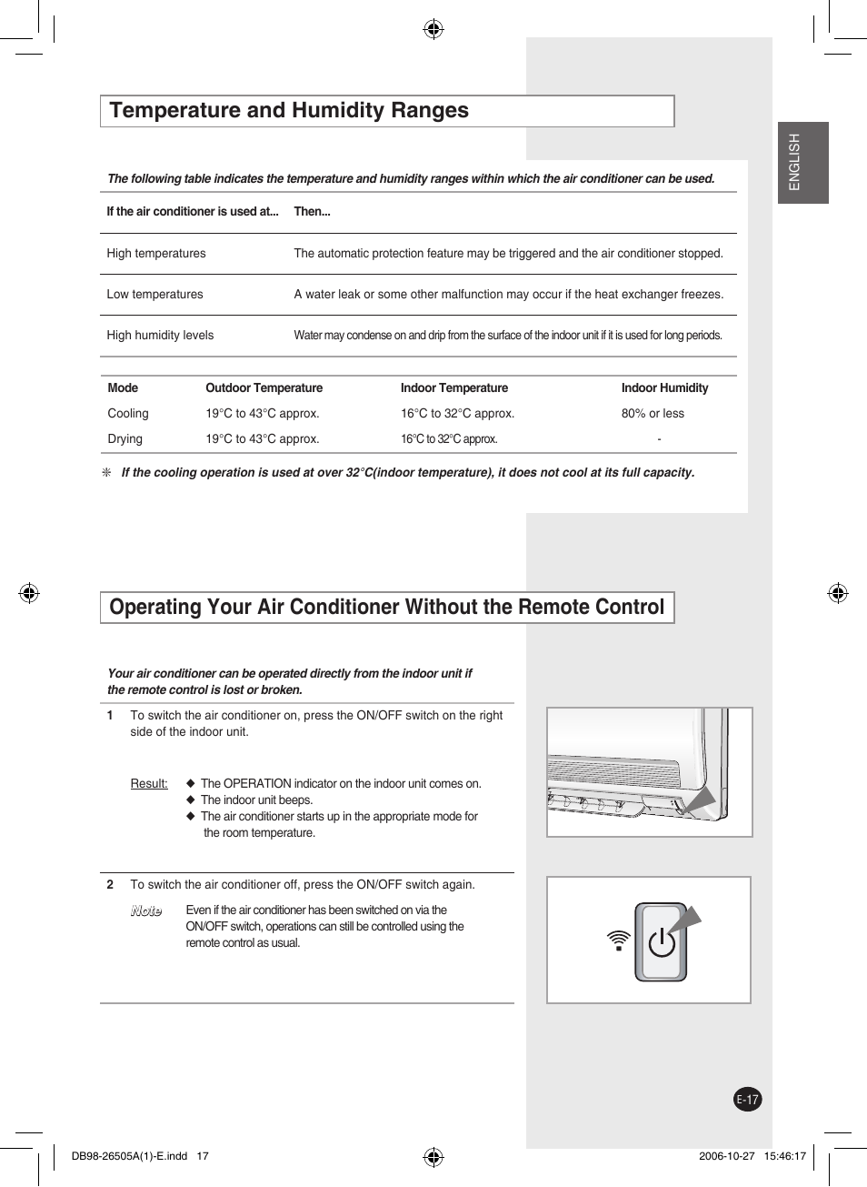 Temperature and humidity ranges | Samsung AS18J User Manual | Page 17 / 20