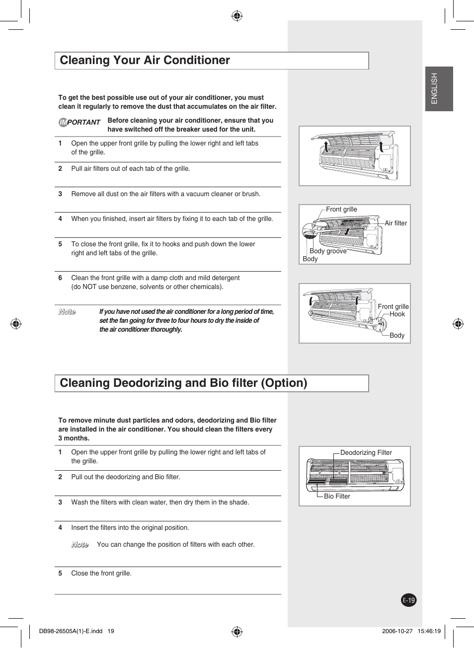 Cleaning your air conditioner, Cleaning deodorizing and bio ﬁlter (option) | Samsung AS18J User Manual | Page 19 / 20