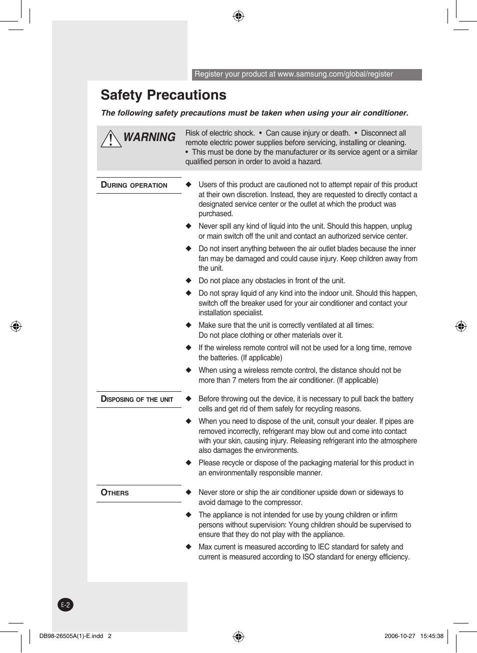 Safety precautions, Warning | Samsung AS18J User Manual | Page 2 / 20