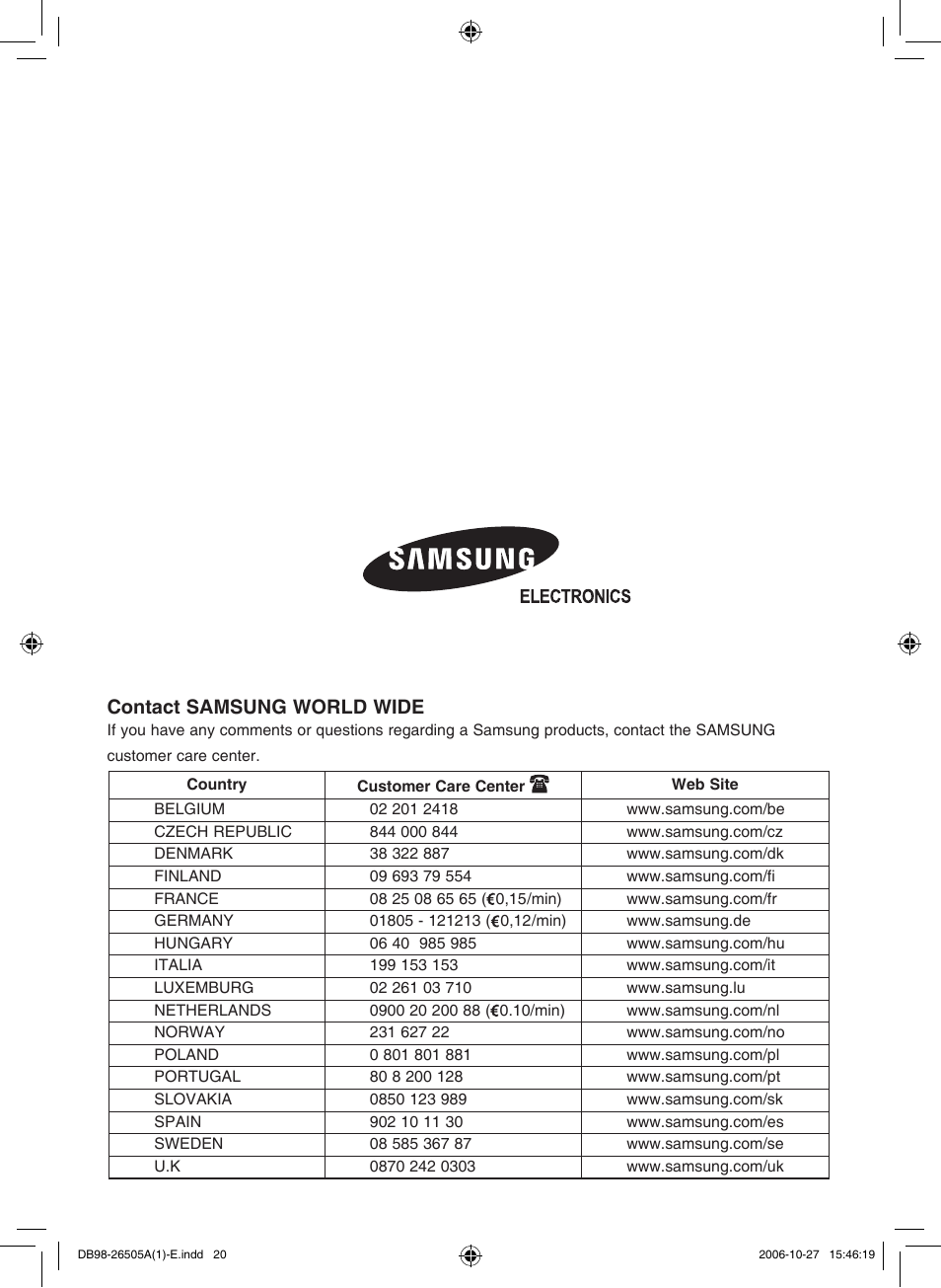 Contact samsung world wide | Samsung AS18J User Manual | Page 20 / 20