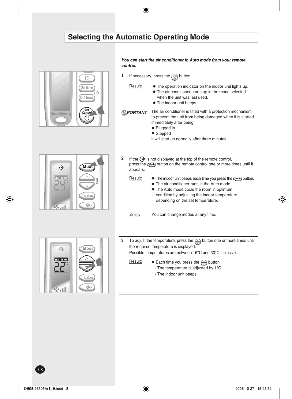 Selecting the automatic operating mode | Samsung AS18J User Manual | Page 8 / 20