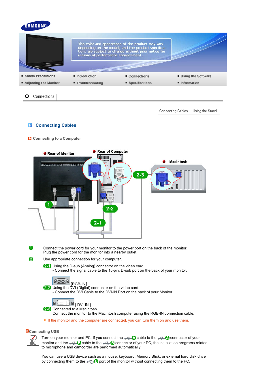 Connections, Connecting cables | Samsung 225UW User Manual | Page 18 / 59