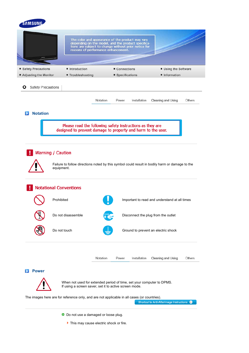 Sefety precautions, Notation, Power | Samsung 225UW User Manual | Page 2 / 59