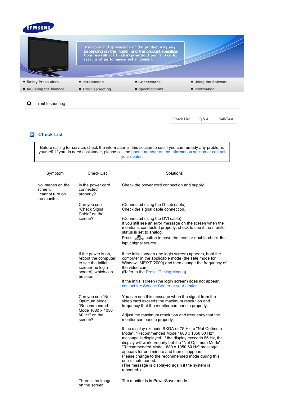 Troubleshooting, Check list | Samsung 225UW User Manual | Page 47 / 59