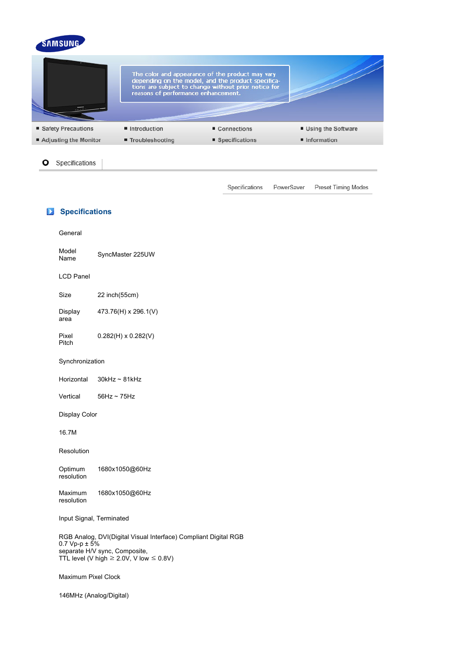 Specifications | Samsung 225UW User Manual | Page 52 / 59